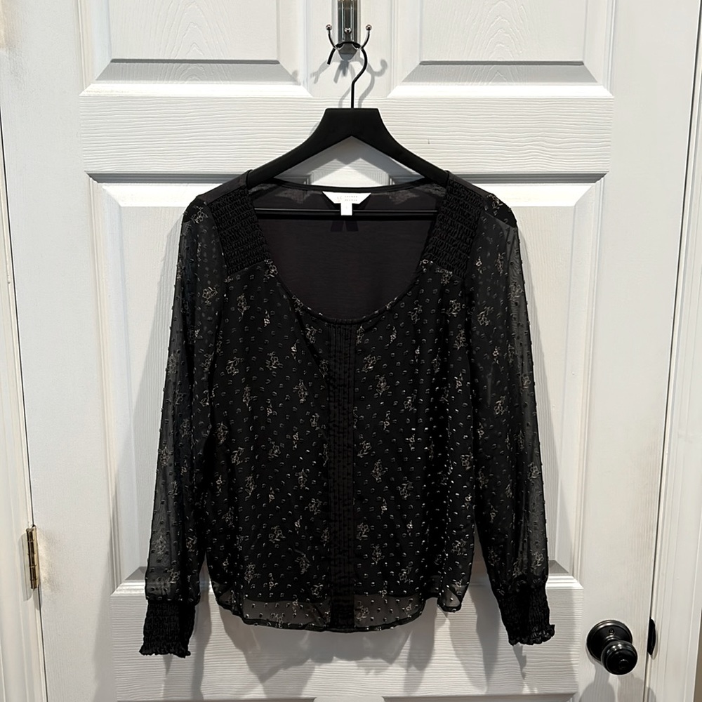 Lauren Conrad Black Floral Print Blouse with Sheer Long Sleeves